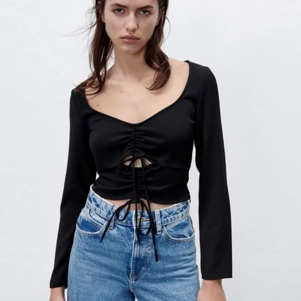 New Zara Black Ruched Cut-out Top Blouse Size S